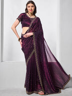 Monjolika Fashion Chiffon Wine Embroidered Contemporary Saree | Grocsy