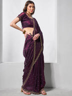Monjolika Fashion Chiffon Wine Embroidered Contemporary Saree | Grocsy