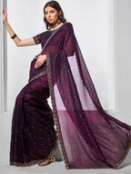 Monjolika Fashion Chiffon Wine Embroidered Contemporary Saree | Grocsy