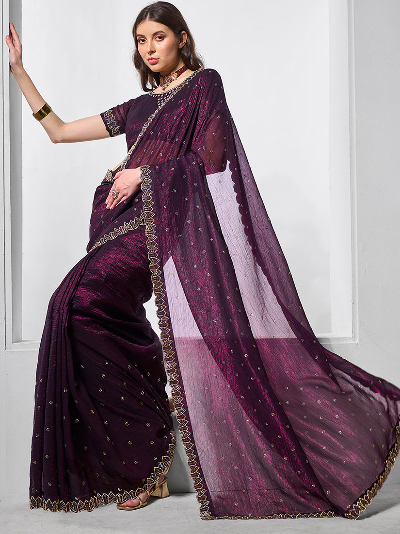 Monjolika Fashion Chiffon Wine Embroidered Contemporary Saree | Grocsy