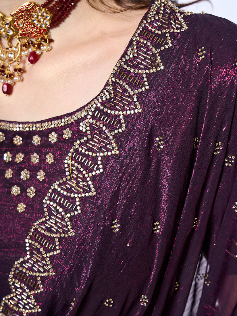 Monjolika Fashion Chiffon Wine Embroidered Contemporary Saree | Grocsy