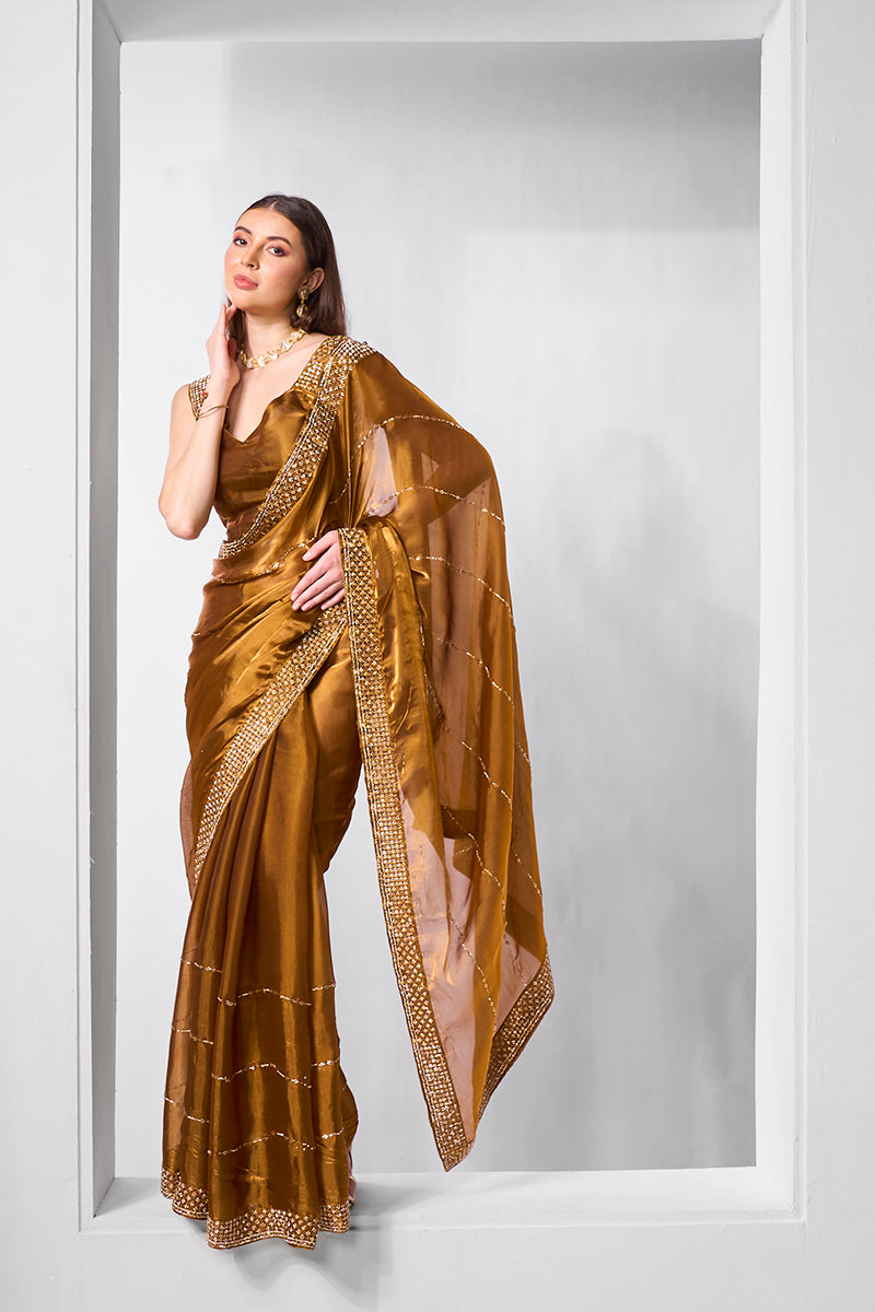 Monjolika Fashion Brown Jimmy Chu Embroidered Classic Saree | Grocsy