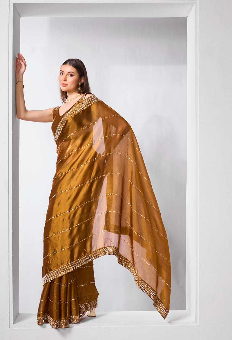 Monjolika Fashion Brown Jimmy Chu Embroidered Classic Saree | Grocsy