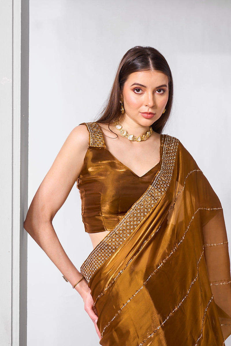 Monjolika Fashion Brown Jimmy Chu Embroidered Classic Saree | Grocsy