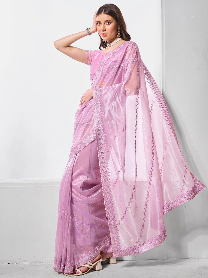 Monjolika Fashion Light Purple Chiffon Embroidered Trendy Saree | Grocsy