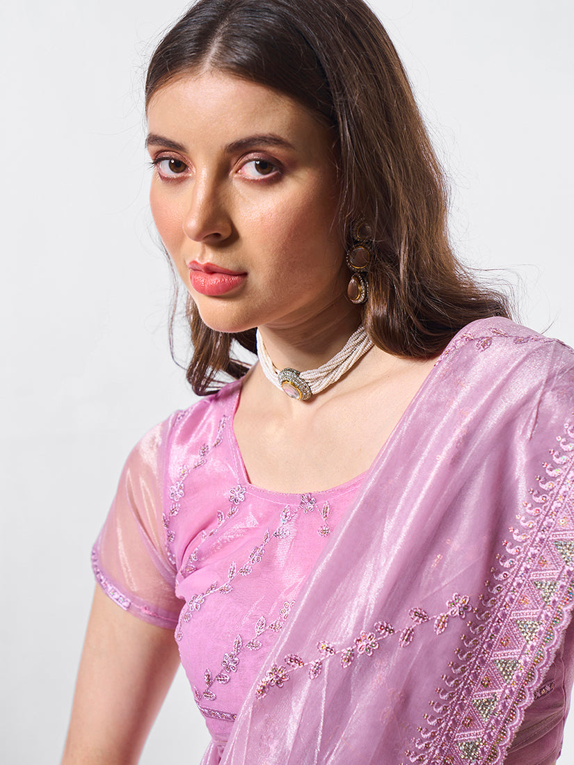 Monjolika Fashion Light Purple Chiffon Embroidered Trendy Saree | Grocsy