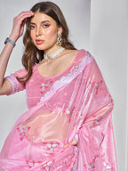 Monjolika Fashion Gold Tissue Net Embroidered Pink Contemporary Saree | Grocsy