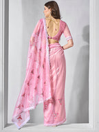 Monjolika Fashion Gold Tissue Net Embroidered Pink Contemporary Saree | Grocsy