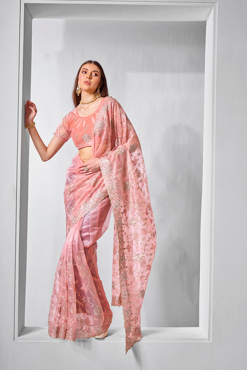 Monjolika Fashion Gold Tissue Net Peach Embroidered Classic Saree | Grocsy