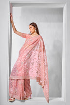Monjolika Fashion Gold Tissue Net Peach Embroidered Classic Saree | Grocsy
