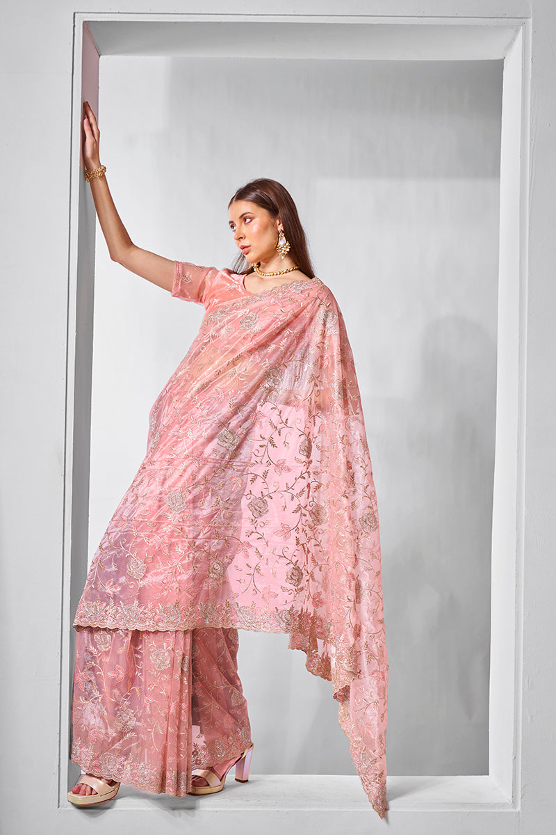 Monjolika Fashion Gold Tissue Net Peach Embroidered Classic Saree | Grocsy