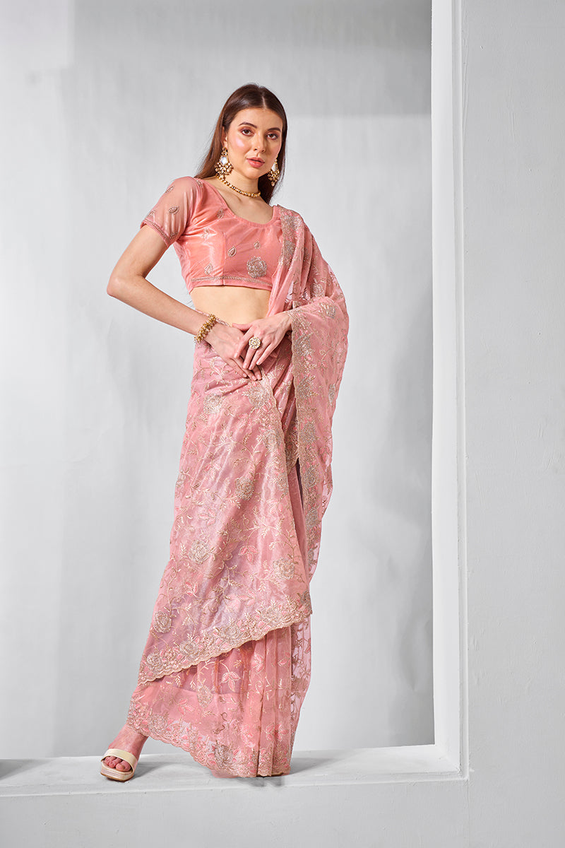 Monjolika Fashion Gold Tissue Net Peach Embroidered Classic Saree | Grocsy