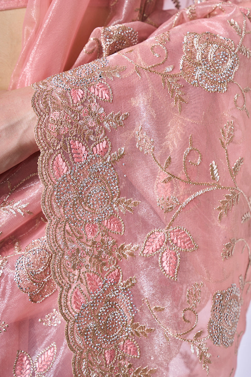 Monjolika Fashion Gold Tissue Net Peach Embroidered Classic Saree | Grocsy
