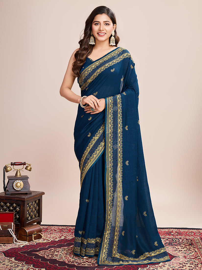 Monjolika Fashion Teal Blue Vichitra Silk Classic Saree with Embroidered Work | Grocsy