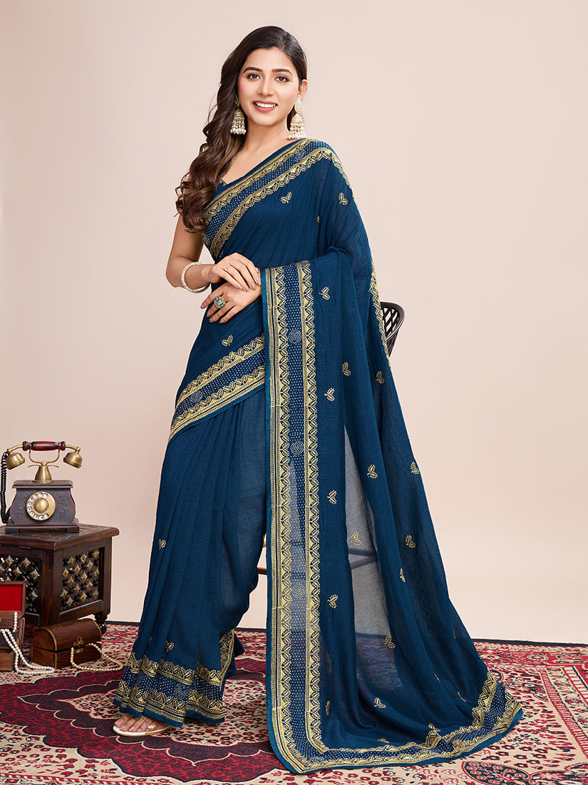 Monjolika Fashion Teal Blue Vichitra Silk Classic Saree with Embroidered Work | Grocsy