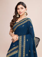 Monjolika Fashion Teal Blue Vichitra Silk Classic Saree with Embroidered Work | Grocsy