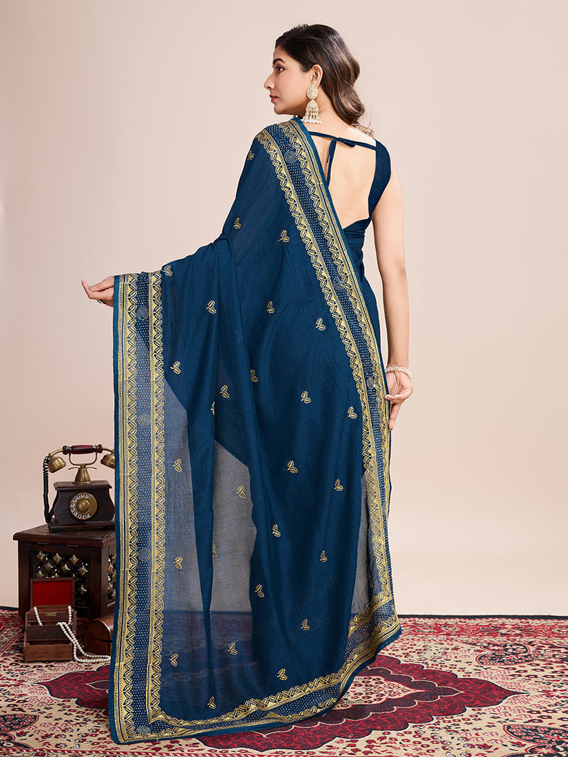 Monjolika Fashion Teal Blue Vichitra Silk Classic Saree with Embroidered Work | Grocsy