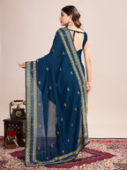 Monjolika Fashion Teal Blue Vichitra Silk Classic Saree with Embroidered Work | Grocsy