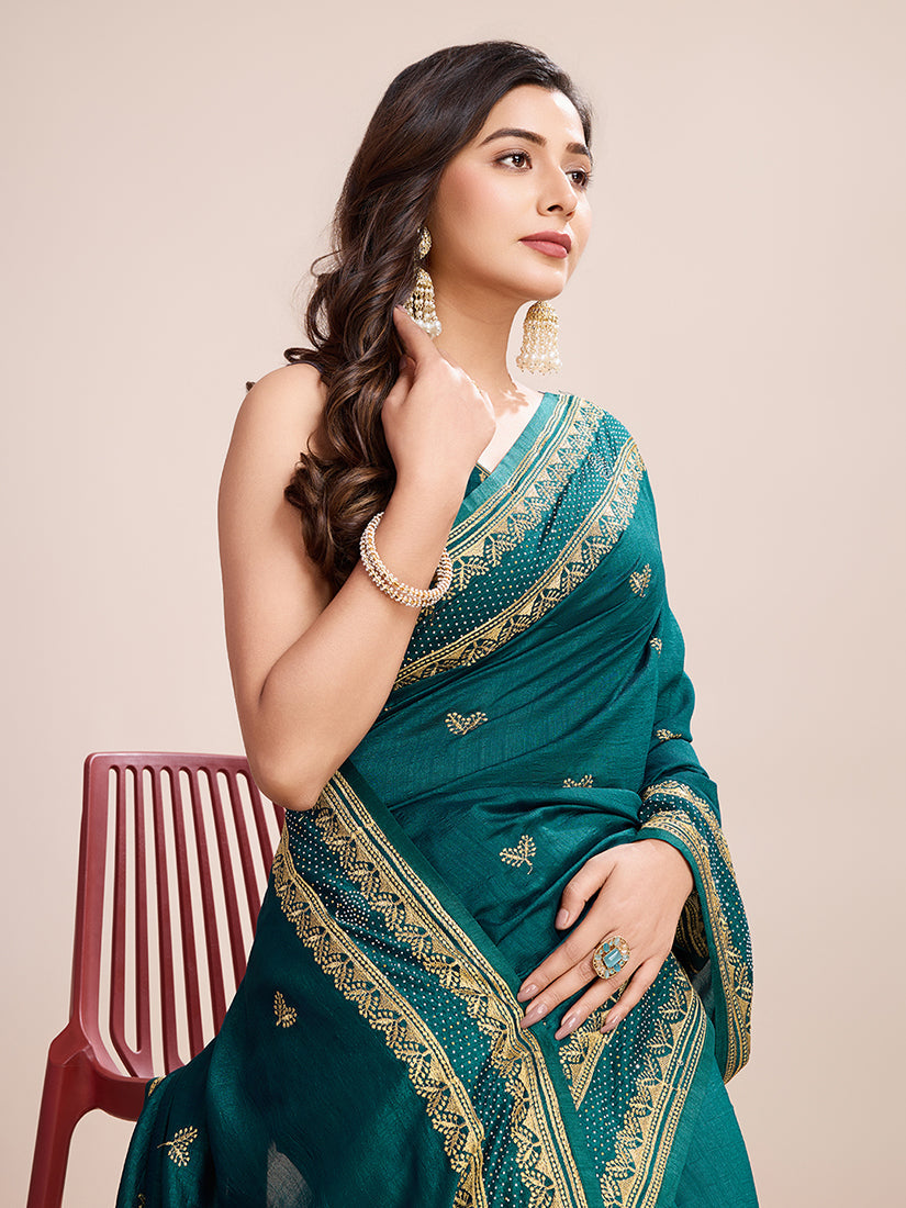 Monjolika Fashion Rama Vichitra Silk Classic Saree with Embroidered Work | Grocsy
