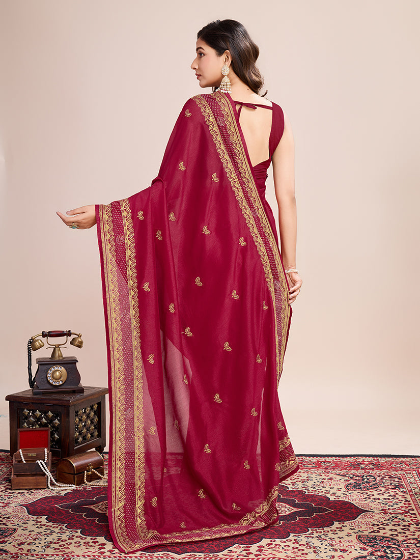Monjolika Fashion Red Vichitra Silk Classic Saree with Embroidered Work | Grocsy