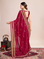 Monjolika Fashion Red Vichitra Silk Classic Saree with Embroidered Work | Grocsy