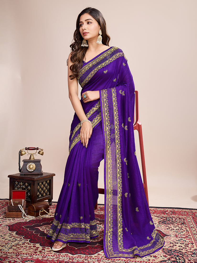 Monjolika Fashion Violet Vichitra Silk Classic Saree with Embroidered Work | Grocsy