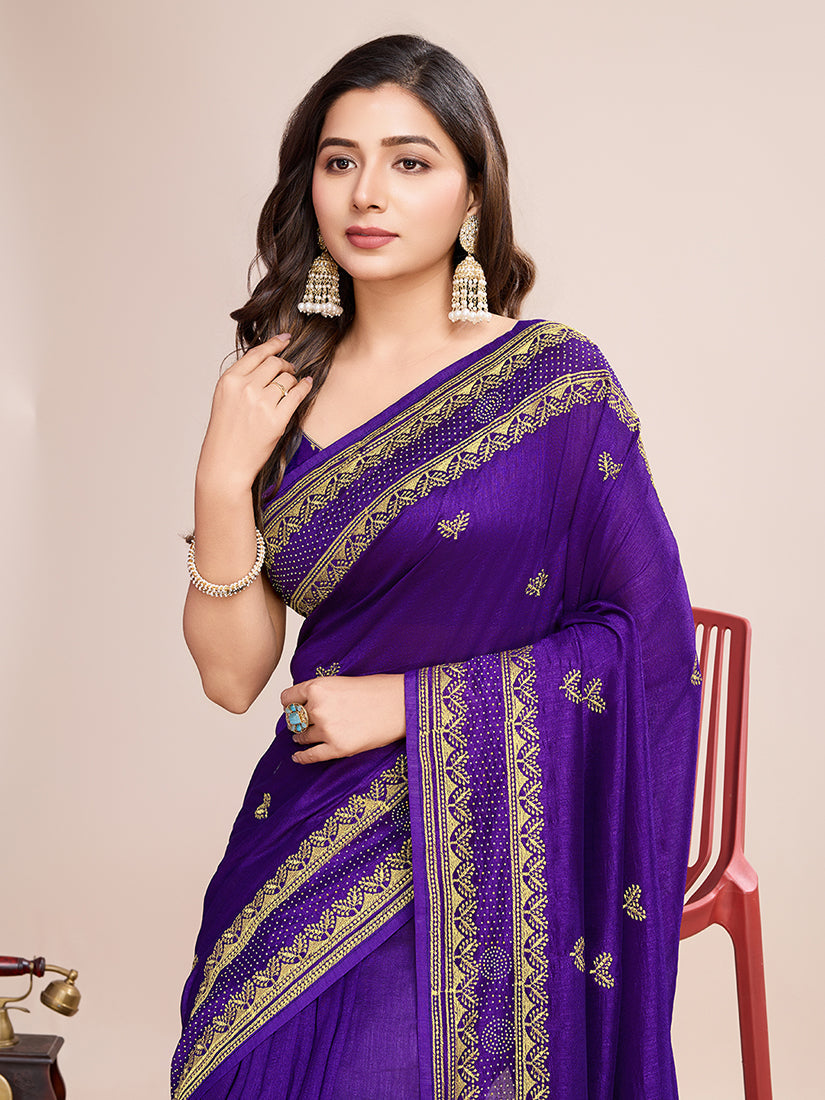 Monjolika Fashion Violet Vichitra Silk Classic Saree with Embroidered Work | Grocsy
