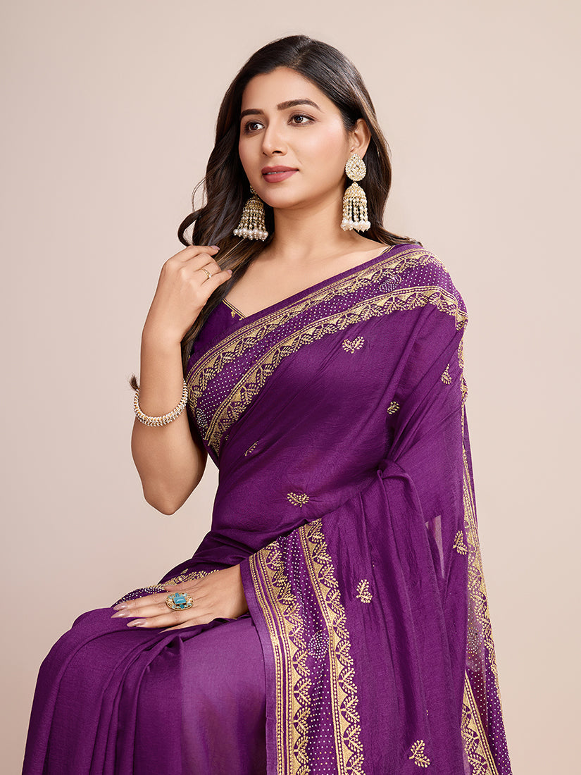 Monjolika Fashion Purple Vichitra Silk Classic Saree with Embroidered Work | Grocsy