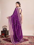 Monjolika Fashion Purple Vichitra Silk Classic Saree with Embroidered Work | Grocsy