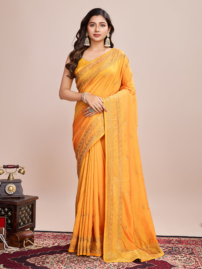Monjolika Fashion Mustard Vichitra Silk Classic Saree with Embroidered Work | Grocsy