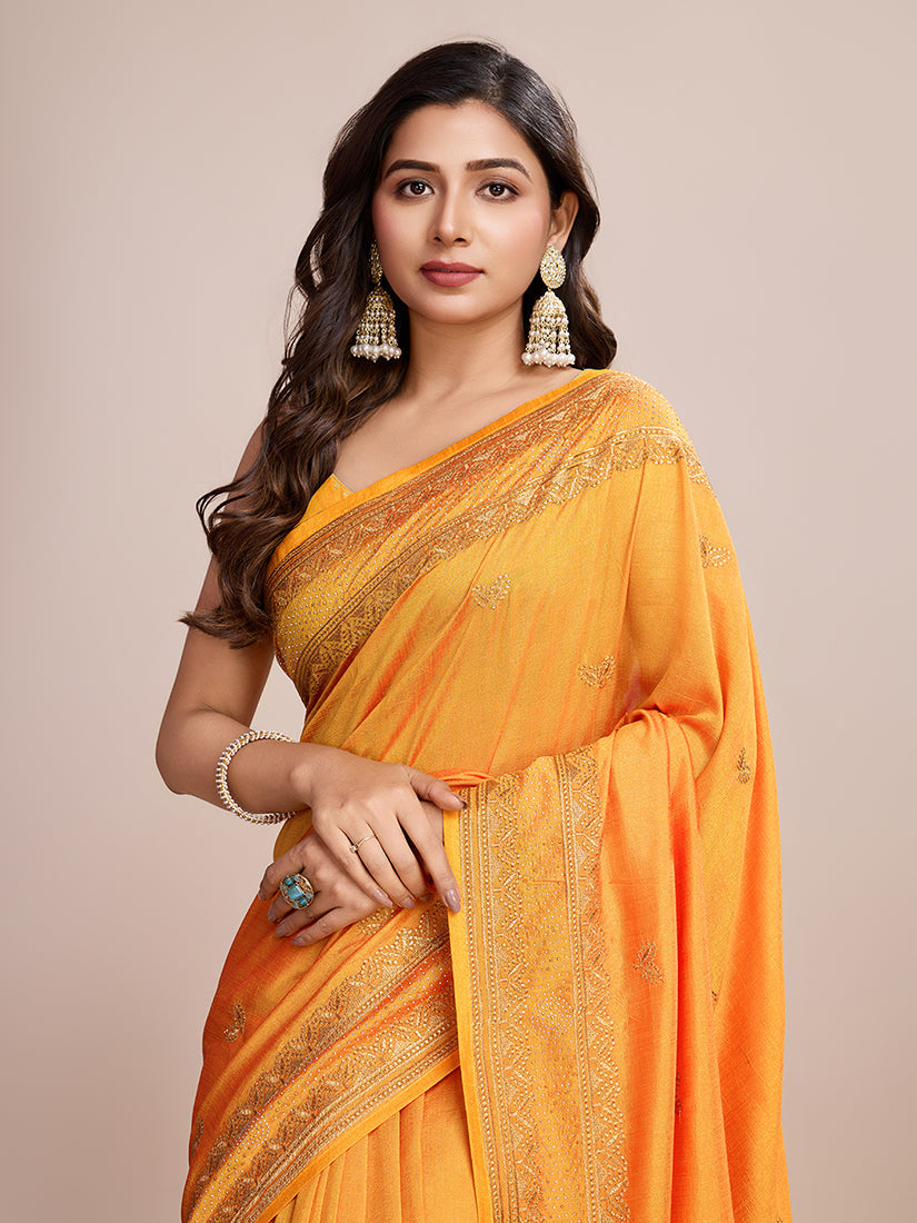 Monjolika Fashion Mustard Vichitra Silk Classic Saree with Embroidered Work | Grocsy