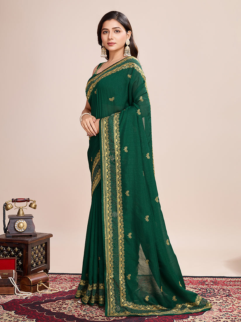 Monjolika Fashion Green Vichitra Silk Classic Saree with Embroidered Work | Grocsy