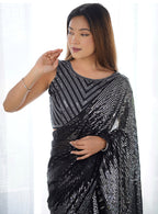Monjolika Fashion Sequins Georgette Black Reception Party Wear Saree | Grocsy