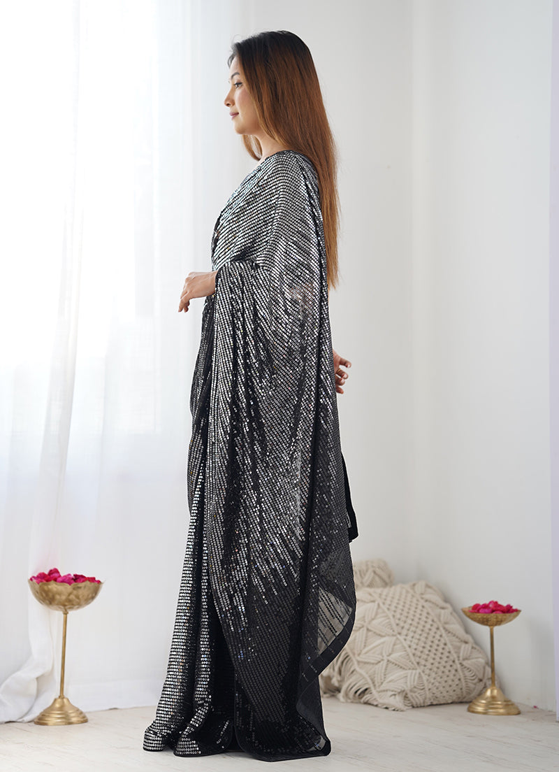 Monjolika Fashion Sequins Georgette Black Reception Party Wear Saree | Grocsy