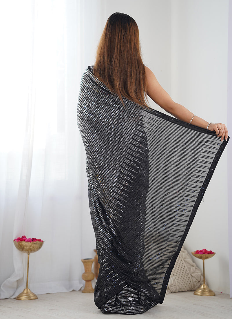 Monjolika Fashion Sequins Georgette Black Reception Party Wear Saree | Grocsy