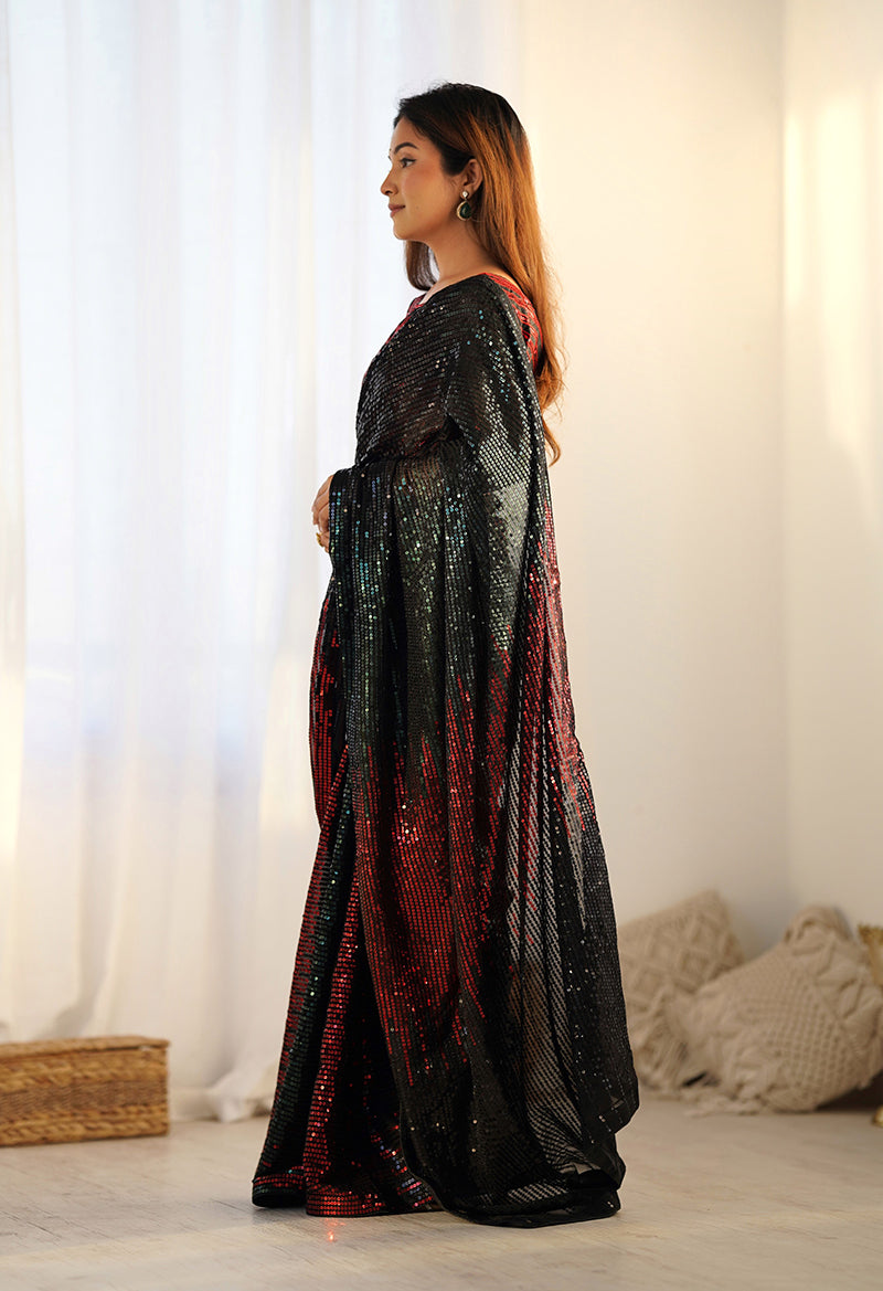 Monjolika Fashion Sequins Georgette Black Reception Party Wear Saree | Grocsy
