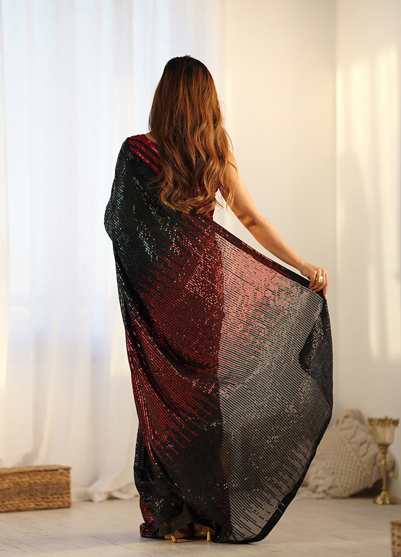 Monjolika Fashion Sequins Georgette Black Reception Party Wear Saree | Grocsy