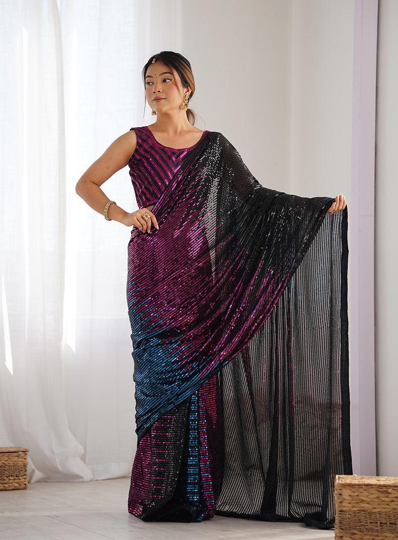 Monjolika Fashion Sequins Georgette Black Reception Party Wear Saree | Grocsy