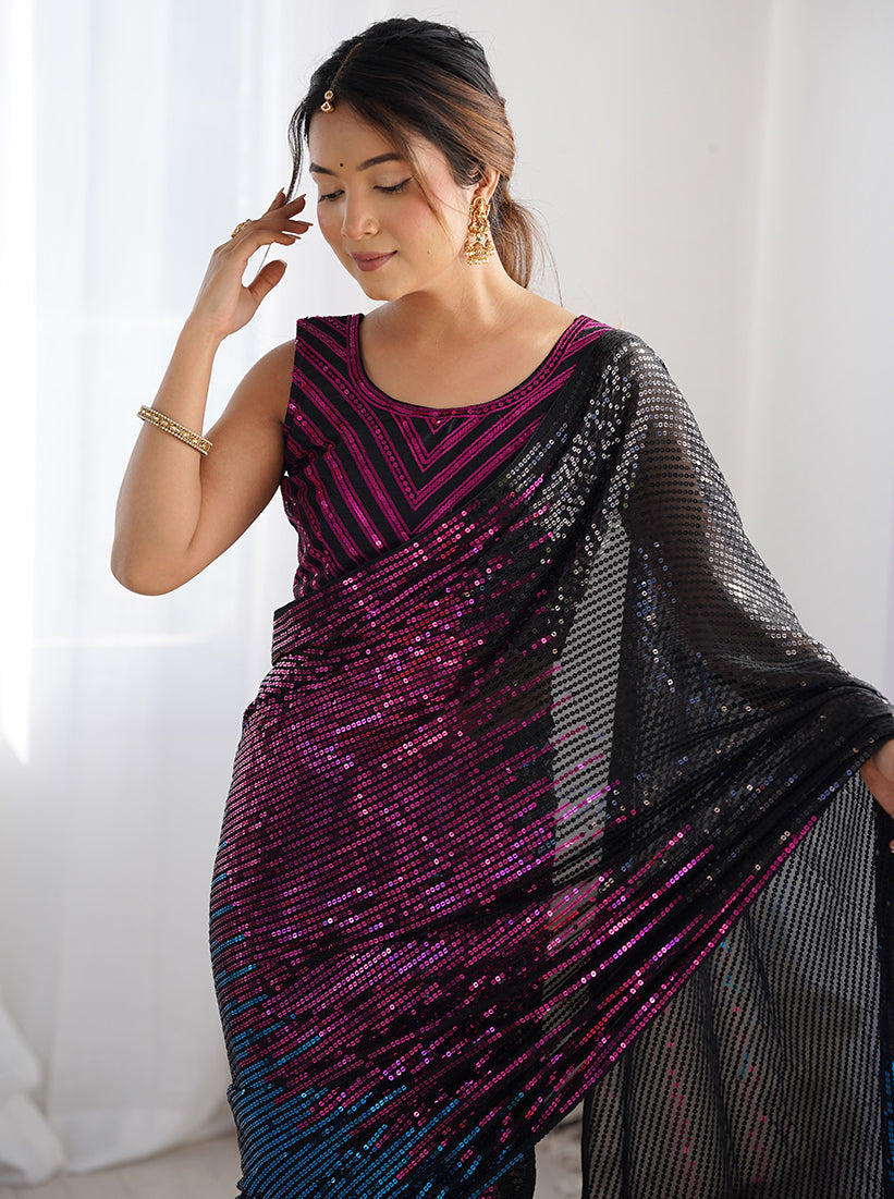 Monjolika Fashion Sequins Georgette Black Reception Party Wear Saree | Grocsy