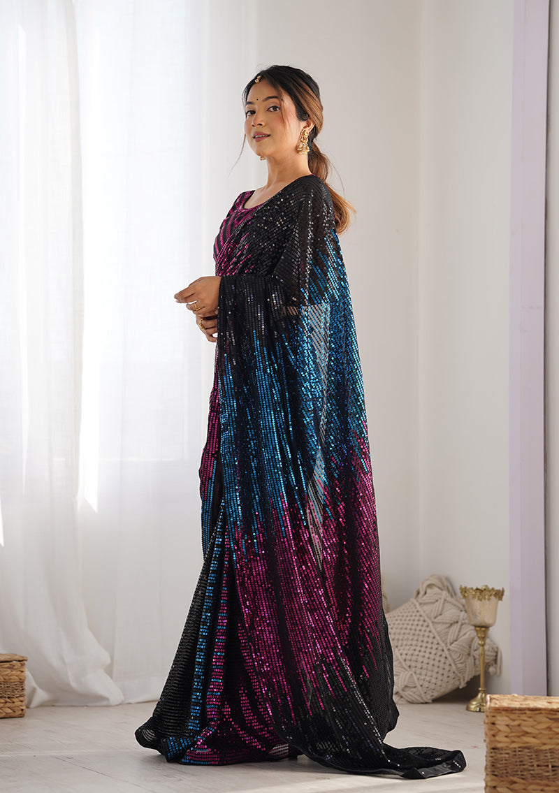 Monjolika Fashion Sequins Georgette Black Reception Party Wear Saree | Grocsy