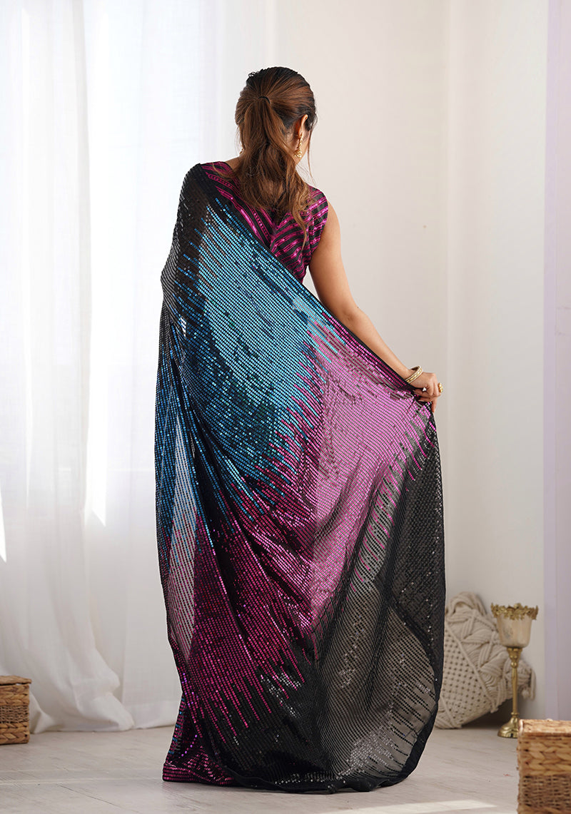 Monjolika Fashion Sequins Georgette Black Reception Party Wear Saree | Grocsy