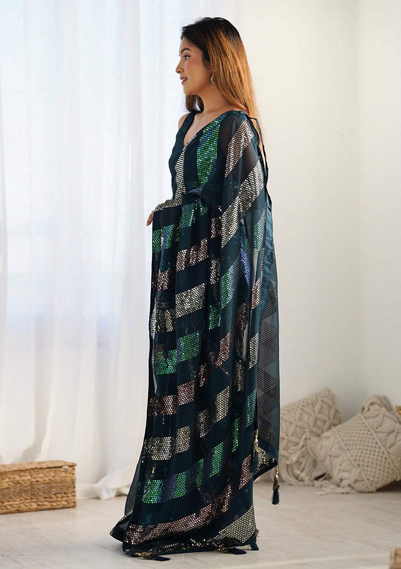 Monjolika Fashion Georgette Sequins Teal Blue Color Classic Saree | Grocsy