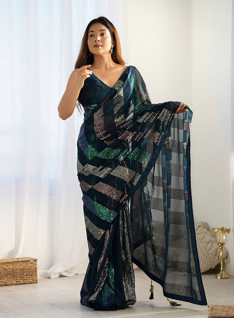 Monjolika Fashion Georgette Sequins Teal Blue Color Classic Saree | Grocsy