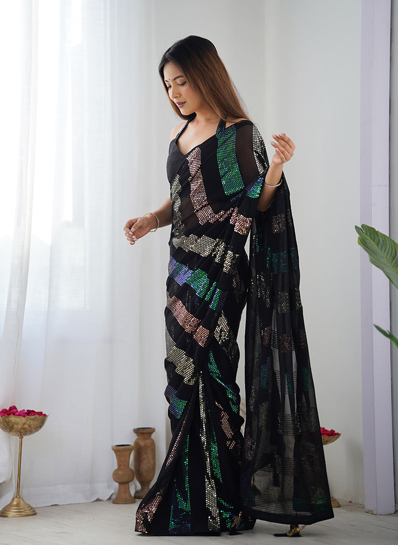 Monjolika Fashion Georgette Sequins Black Color Classic Saree | Grocsy