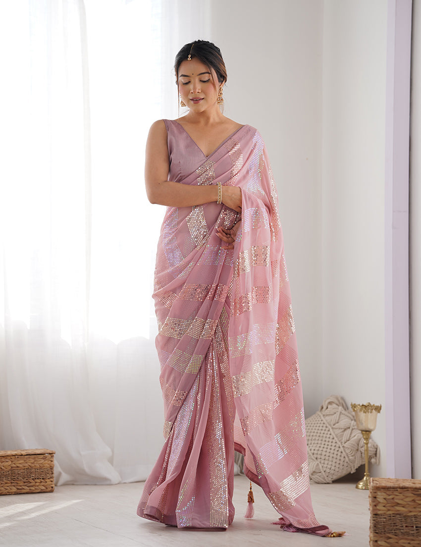 Monjolika Fashion Georgette Sequins Pink Color Classic Saree | Grocsy