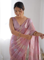 Monjolika Fashion Georgette Sequins Pink Color Classic Saree | Grocsy