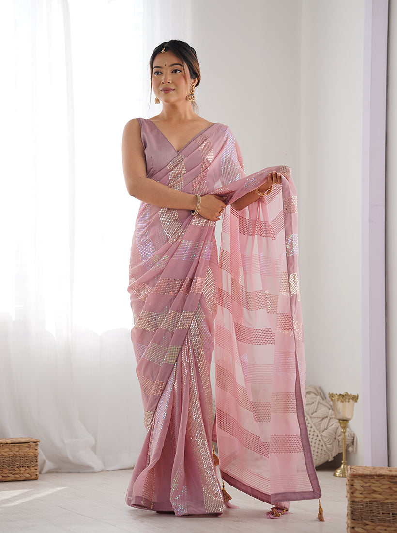 Monjolika Fashion Georgette Sequins Pink Color Classic Saree | Grocsy