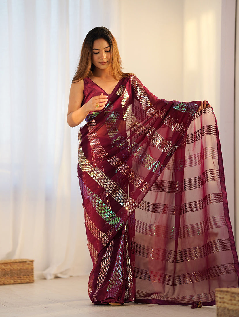 Monjolika Fashion Georgette Sequins Maroon Color Classic Saree | Grocsy