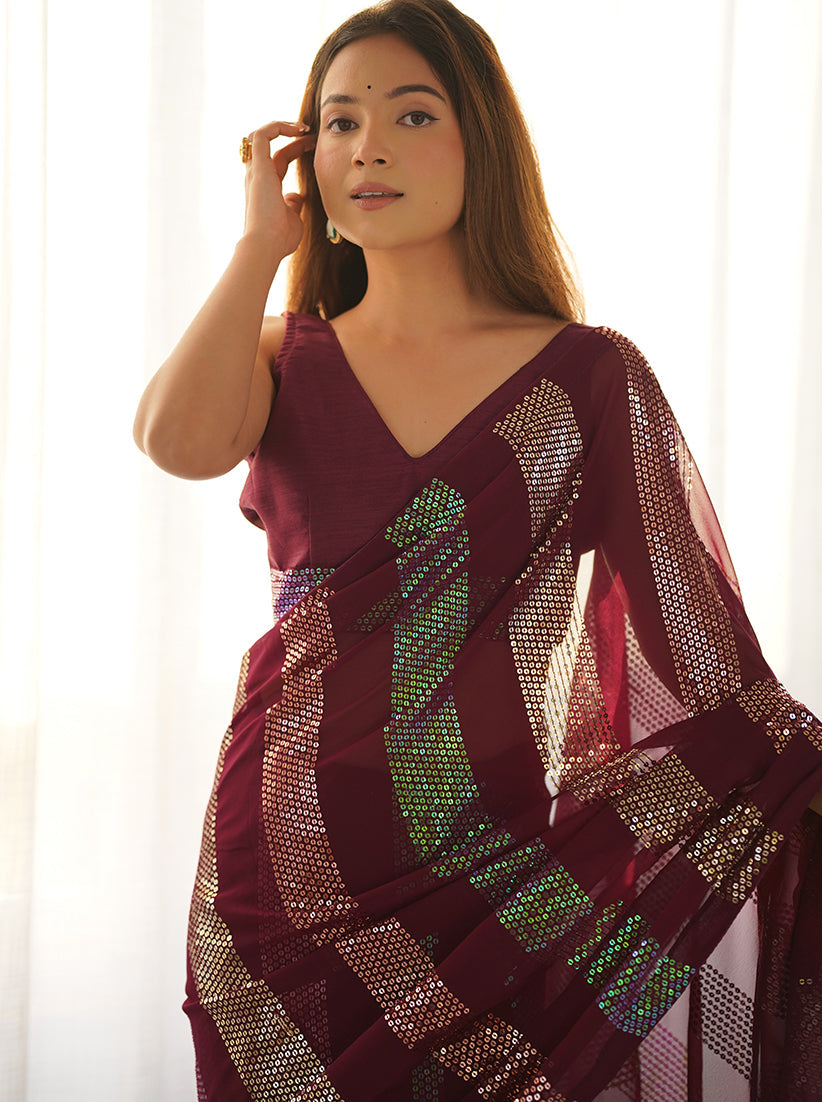 Monjolika Fashion Georgette Sequins Maroon Color Classic Saree | Grocsy