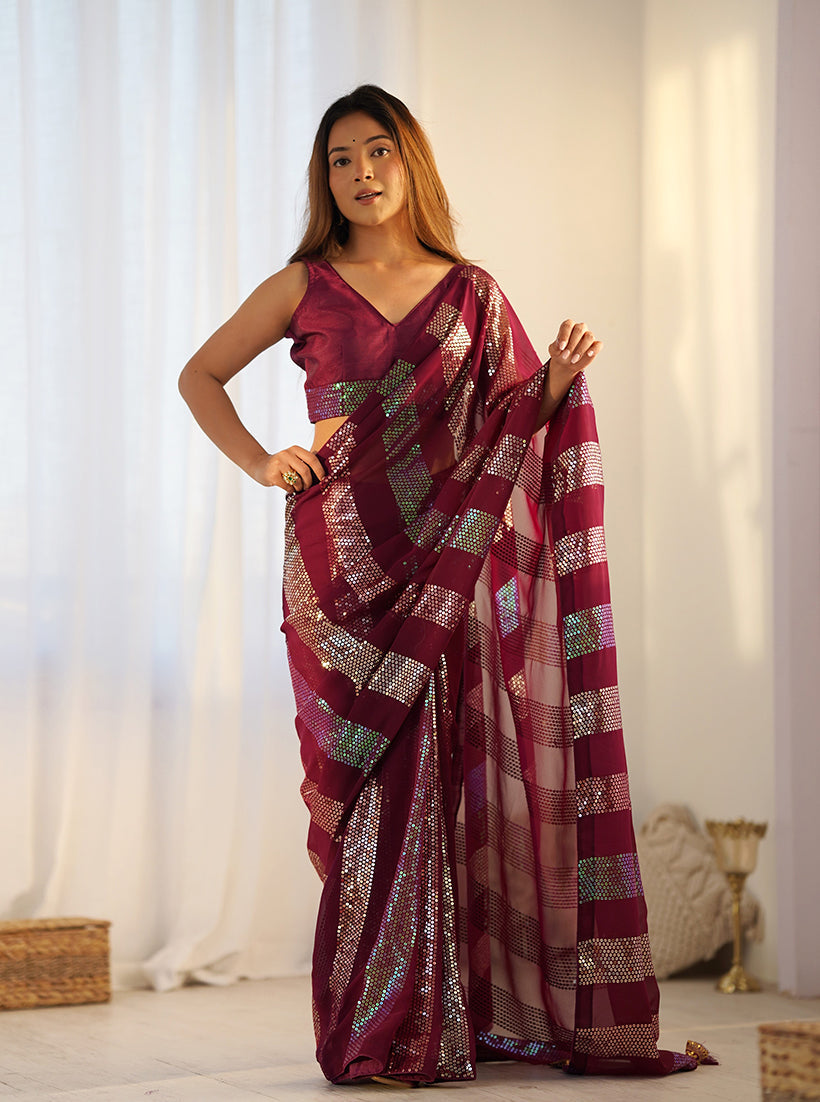 Monjolika Fashion Georgette Sequins Maroon Color Classic Saree | Grocsy